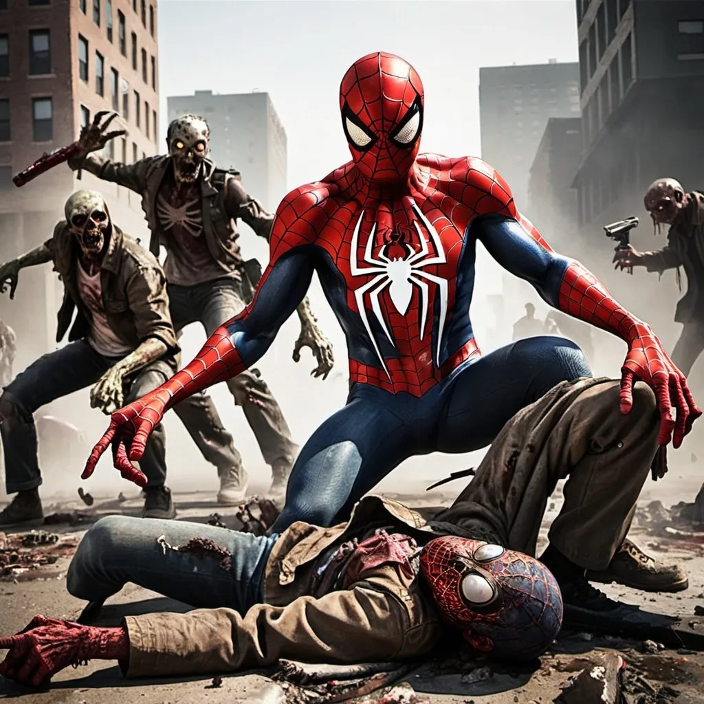 Prompt: post apocalyptic spiderman killing zombies