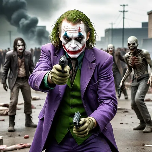 Prompt: post apocalyptic the joker shooting at zombies