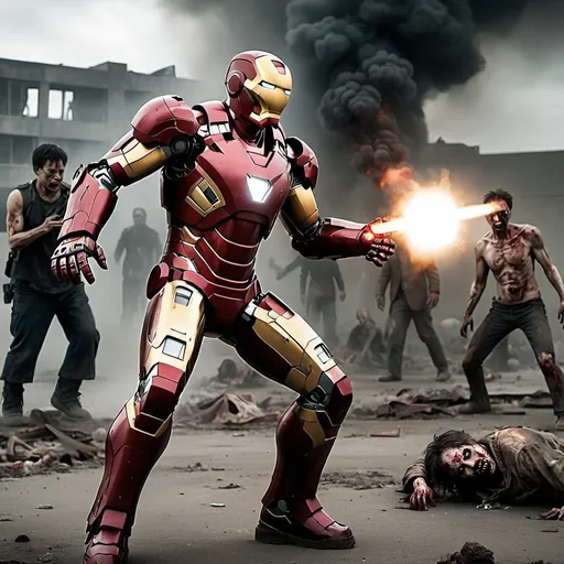Prompt: post apocalyptic iron man shooting at zombies