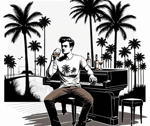 Prompt: Illustrated T-shirt design of flat vintage whisky bar with a young attractive man, holding one glass of whisky, sitting on a chair, piano and patrons in the background, Palm trees, vector, solid white background, black color palette