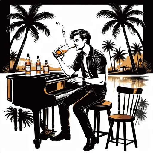 Prompt: Illustrated T-shirt design of flat vintage whisky bar with a young attractive man, holding one glass of whisky, sitting on a chair, piano, saxophone in the background, other patrons, Palm trees, vector, solid white background, black color palette