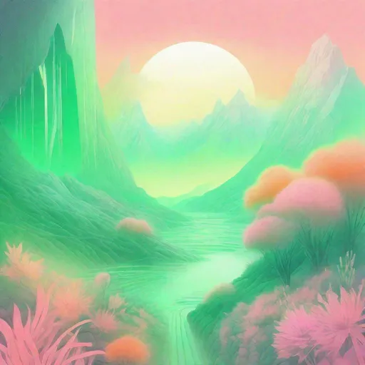 Prompt: Futuristic minimalist landscape gradient background soft green and pink and orange, mountains green, sun in the sky, waterfalls, flowers, surreal environment, colored with pencil on paper, ethereal, holographic atmosfere, minimalist, abstract, surreal, futuristic, pastel colors, detailed, atmospheric lighting, post-Impressionist, neon sky
