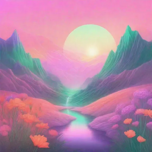 Prompt: Minimalist landscape gradient background soft pink and purple and orange, mountains green, sun in the sky, waterfalls, flowers, surreal environment, colored pencil on paper, ethereal, holographic atmosfere, minimalist, abstract, surreal, futuristic, pastel colors,, detailed, atmospheric lighting, post-Impressionist, neon sky, joyful drawing
