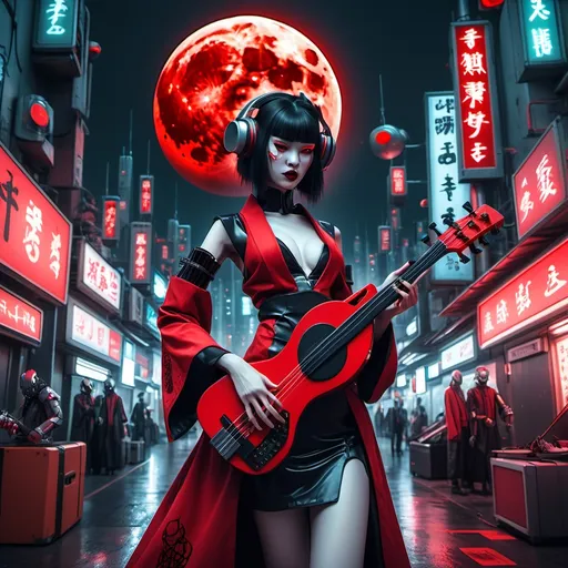 Prompt: assimilation of the Vampire Goddess with Artificial Intelligence. in the middle of Cyberpunk City with Shamisen musical instruments. lit by a red moon. and covered in robot clothes