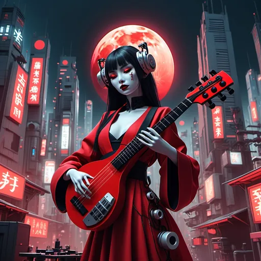 Prompt: assimilation of the Vampire Goddess with Artificial Intelligence. in the middle of Cyberpunk City with Shamisen (round shaped) musical instruments. lit by a red moon. and covered in robot clothes