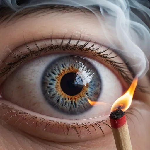 Prompt: An eye reflects a matchstick flame amid swirling smoke
