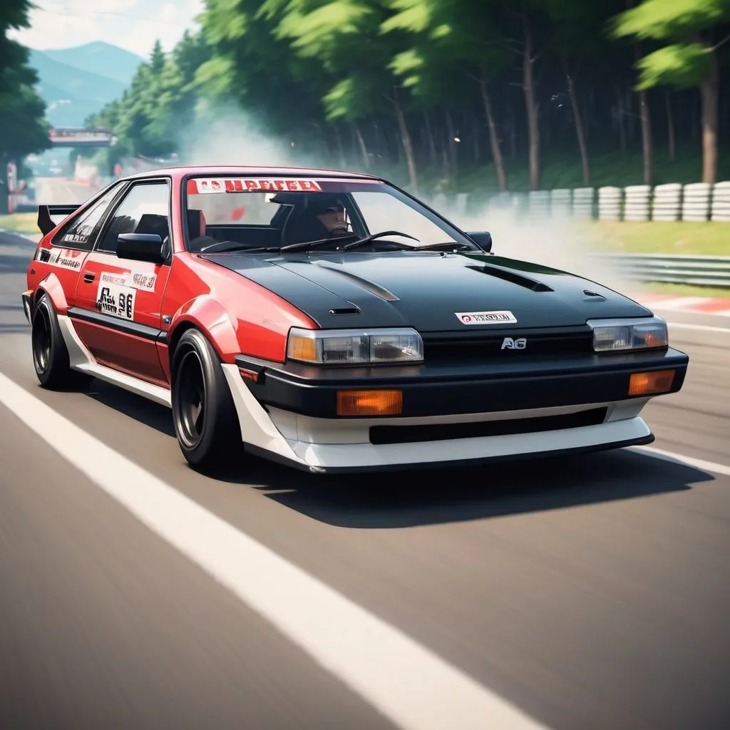 Prompt: Overtaking with drfting AE86, dynamic, racing with other 90's cars, anime