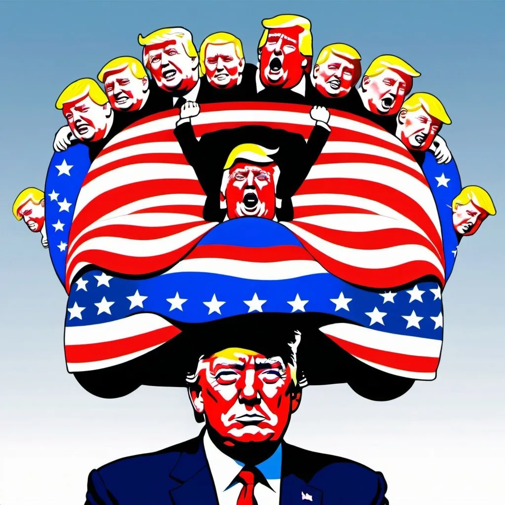 Prompt: Create an image of trump carrying the whole of America on his head