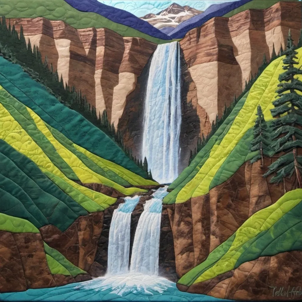 Prompt: quilted painting telluride waterfall