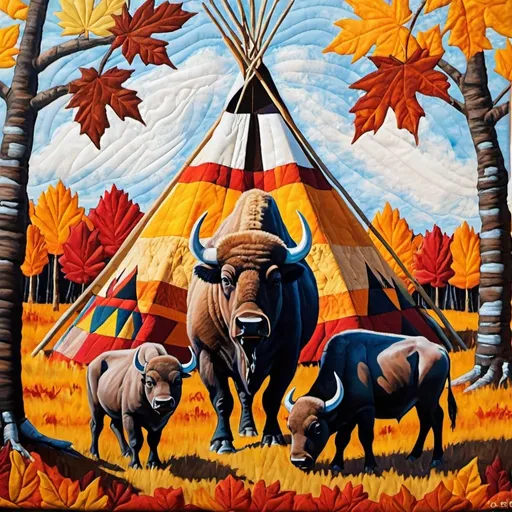Prompt: quilted painting of mama buffalo and baby alongside tepee in the fall