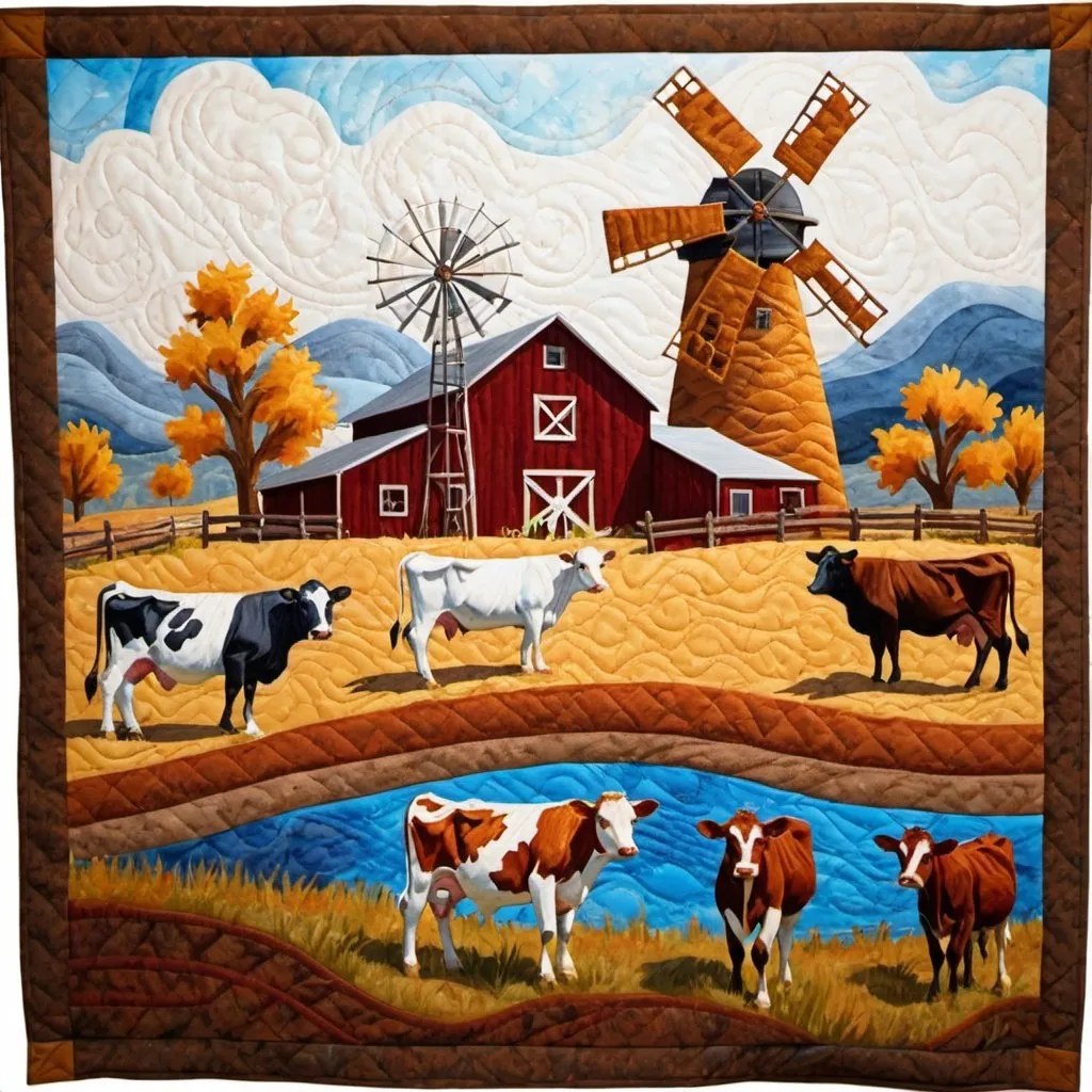 Prompt: quilted painting western scene with cows and windmill
