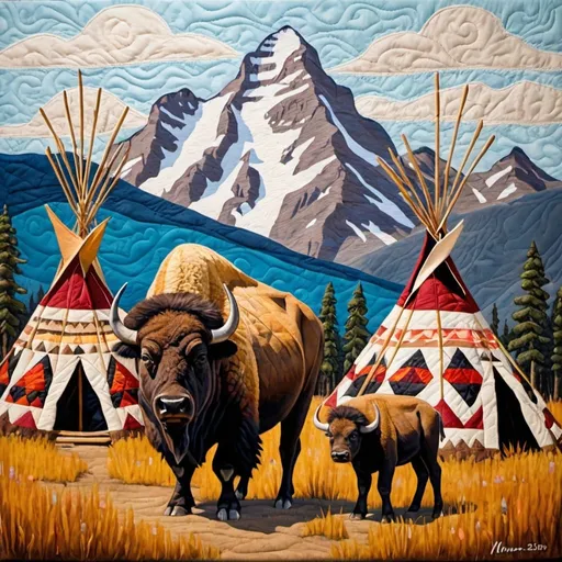 Prompt: quilted painting of mama buffalo and baby with tepee and mountains in the background