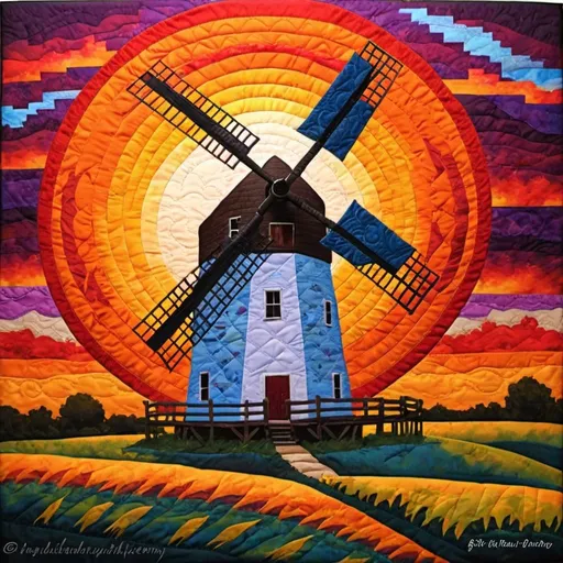Prompt: quilted painting old kansas windmill in brilliant sunset