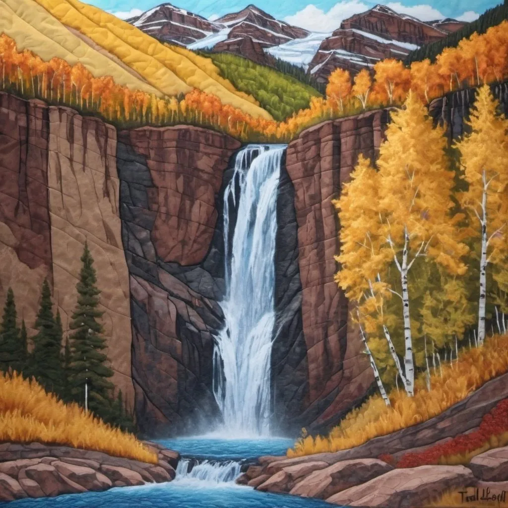 Prompt: quilted painting telluride waterfall in the autumn