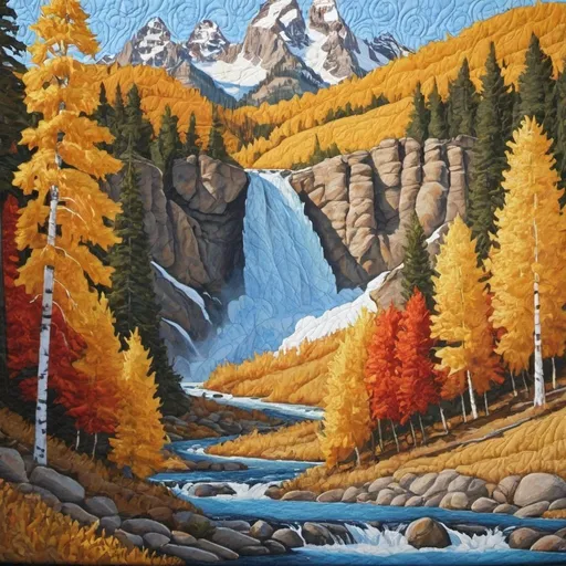 Prompt: quilted painting of waterfall in the autumn teton mountains
