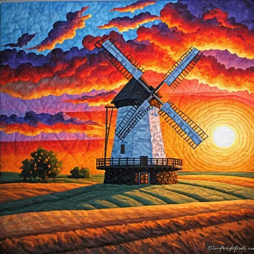 Prompt: quilted painting old prairie windmill in brilliant kansas sunset