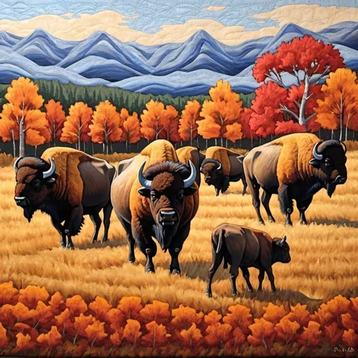 Prompt: quilted painting of buffalo herd in the fall