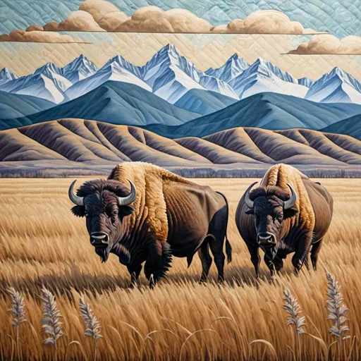 Prompt: quilted painting buffalos in the tall prairie grass with mountains in the background