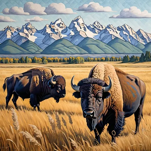 Prompt: quilted painting buffalos in the tall prairie grass with teton mountains in the background