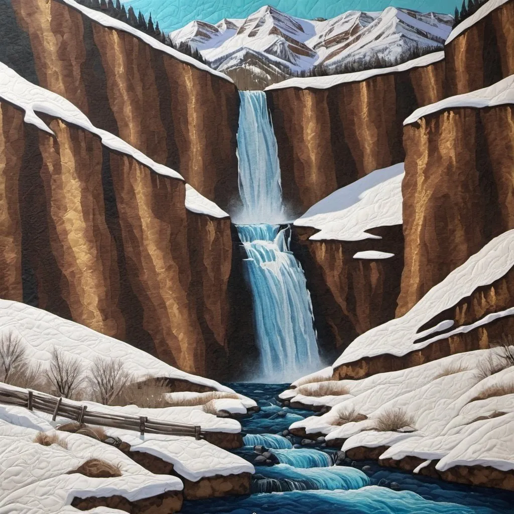 Prompt: quilted painting telluride waterfall in the winter