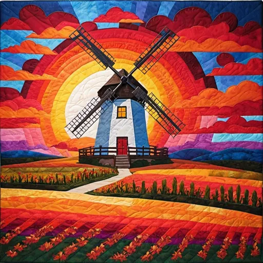 Prompt: quilted painting windmill in brilliant sunset