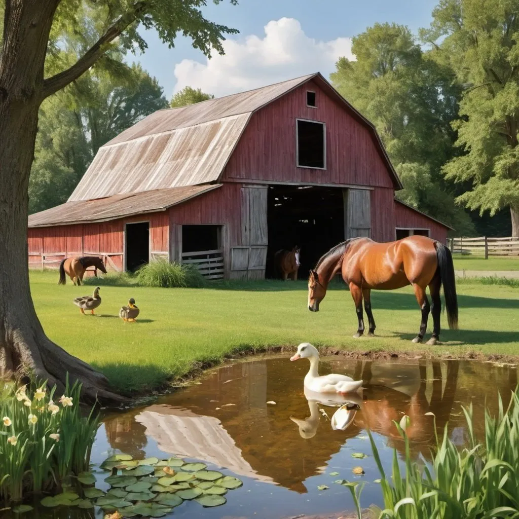 Prompt: old country barn scene with horse in barn mama and baby ducks in pond
