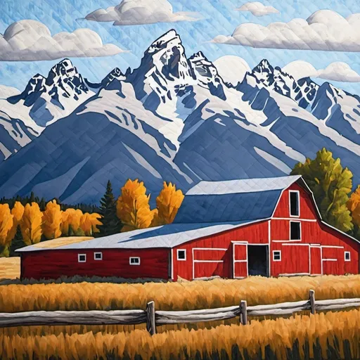 Prompt: quilted painting red barn with teton mountains in background
