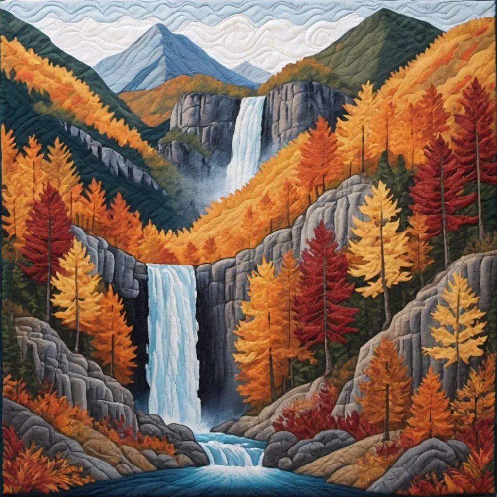 Prompt: quilted painting of waterfall in the autumn mountains
