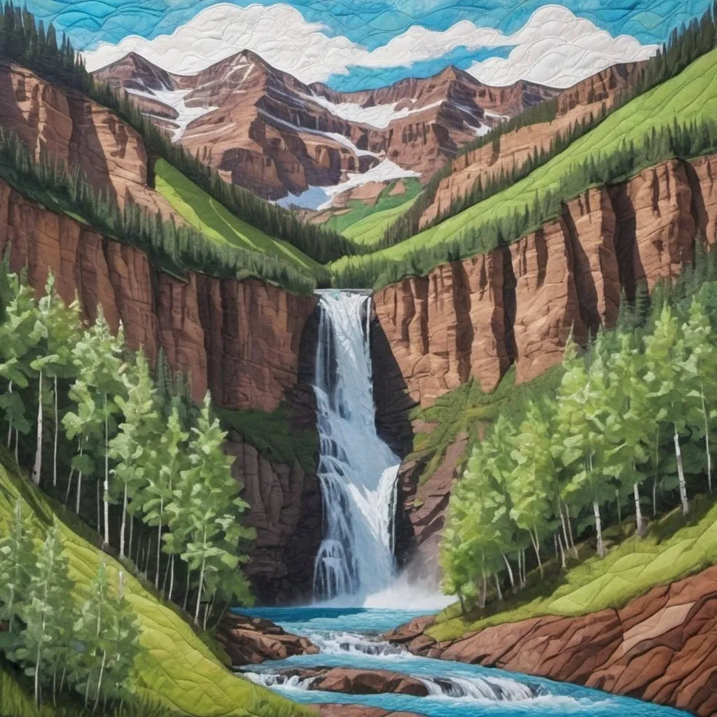 Prompt: quilted painting telluride waterfall in the summer