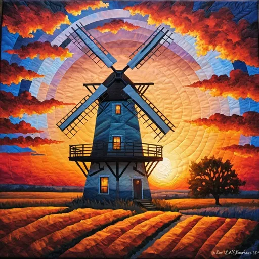 Prompt: quilted painting old eli windmill in brilliant kansas sunset