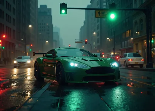 Prompt: change the background of the photo. I want the car to be in the city in rush hour on green light