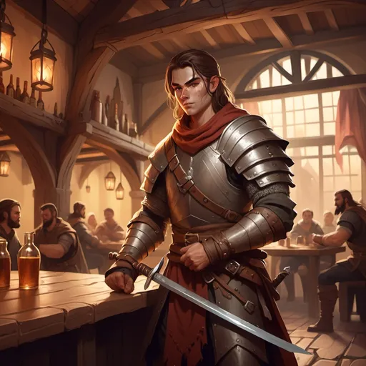 Prompt: Human warrior character holding a sword in a tavern , fantasy character art, illustration, dnd, warm tone. Transparan background 