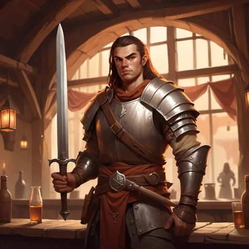 Prompt: Human warrior character holding a sword in a tavern , fantasy character art, illustration, dnd, warm tone. Transparan background 