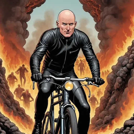 Prompt: Bald Rob Hellford as a leather clad cyclist riding out of the gates of hell in the style of a 1980s graphic novel