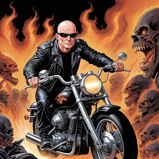 Prompt: Bald Rob Hellford as a leather clad motor biker riding out of the gates of hell in the style of a 1980s graphic novel