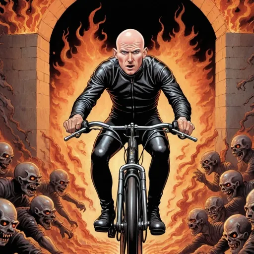 Prompt: Bald Rob Hellford as a leather clad cyclist riding out of the gates of hell in the style of a 1980s graphic novel