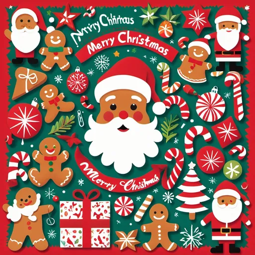 Prompt:  image features a colorful, festive collage filled with cheerful Christmas-themed illustrations. Key elements include:

The phrase "MERRY CHRISTMAS!" in bold, playful letters.
Various Christmas decorations such as ornaments, gift boxes, and candy canes.
Santa Claus, depicted with a classic red hat and a white beard.
A gingerbread man, a Christmas tree, and poinsettias.
Other festive symbols like bells, mistletoe, and snowflakes.
The background resembles lined notebook paper, adding a whimsical touch.
Overall, it's a vibrant and joyful representation of holiday spirit! If you have any specific questions or need more details, just let me know!