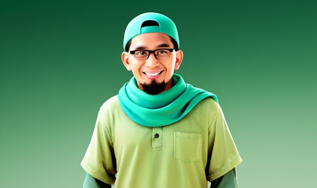 Prompt: 3D Disney pixar of a 35 year old Indonesian man, thin body, wearing a plain long shirt and green scarf, wearing a green Muslim cap,  blue  gradient background, face view