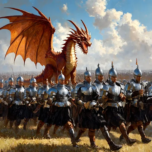 Prompt: create a religious image in the style of an orthodox iconic painting where a cupper coloured dragon holds his wings over an army of mediveal soldiers all wearing plate armour and a tabard surcoat in black and white all marching towards a battlefield in the distance and make it look like a true religion. It shall look like a picture from the creation in catholic religion