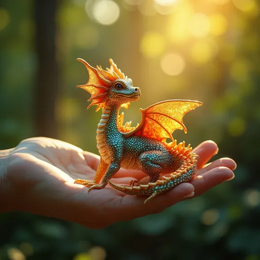 Prompt: Little winged dragon fantasy style sits on man's hand