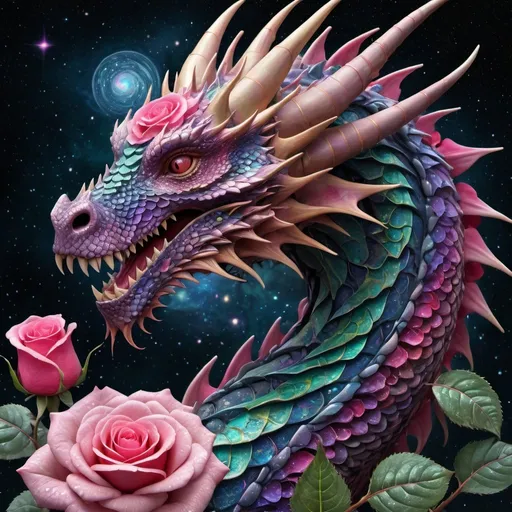 Prompt: Interstellar dragon with rose head, cosmic world, detailed thorns, allegorical and contemporary, highres, intricate, cosmic fantasy, detailed floral design, intergalactic, visionary, vibrant colors, surreal lighting, cosmic symbolism, intricate dragon scales, detailed celestial landscape, symbolic rose petals, interstellar, cosmic, allegorical imagery, contemporary symbolism, fantasy, vibrant colors, surreal lighting