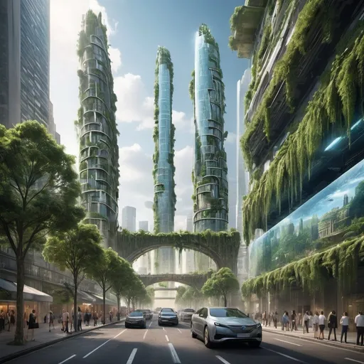 Prompt: 
"Imagine a bustling futuristic city where nature has reclaimed parts of the architecture. A towering skyscraper covered in vines and cascading waterfalls contrasts with sleek, hovering vehicles weaving through streets lined with ancient trees. At the heart of the city, a massive holographic display shows a blend of the city's history and its future, reflecting the harmony between technology and nature."