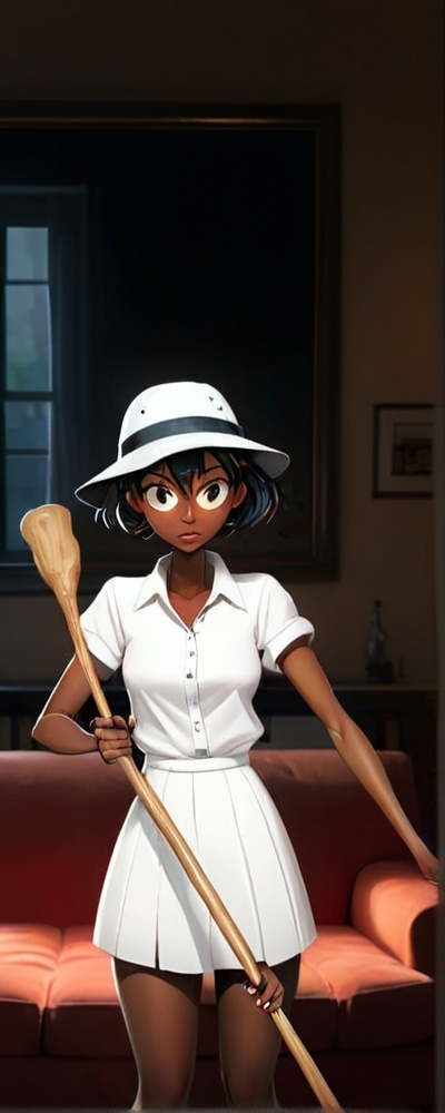 Prompt: (Anime style), (dark color scheme), woman in a white shirt, wearing a black and white hat, holding a stick, in a cozy room, featuring a faded couch, inspired by Chinwe Chukwuogo-Roy, embracing action painting elements, cute and funny vibe, (screenshot style), high quality, ultra-detailed, dramatic lighting, expressive atmosphere.