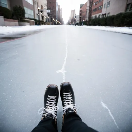 Prompt: cityscape foot view ice skates on sidewalk 