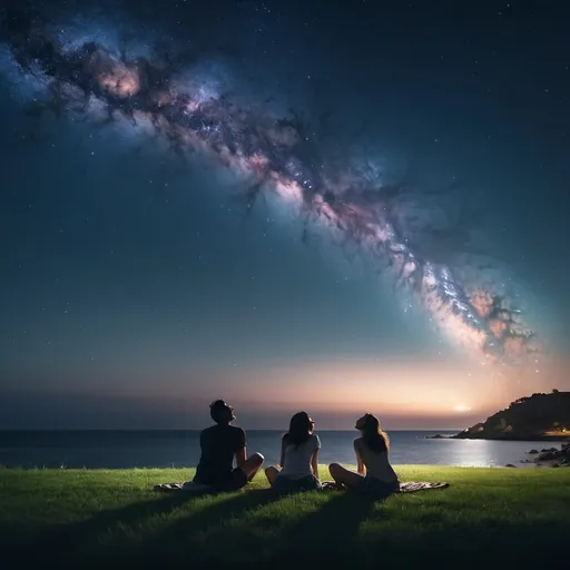 Prompt: People looking at the Milky Way while lying on the grass in front of the sea, smiling and laughing, pointing towards the night sky and the silhouette of the sky on the sea