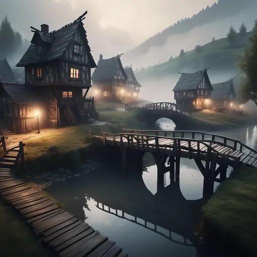 Prompt: small settlement, foggy, bridge and river, dramatic fantasy settlement scene, cinematic lighting