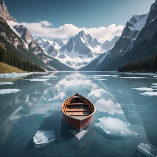 Prompt: Create a real landscape  ice top mountains and a lake. a boat in the middle of lake