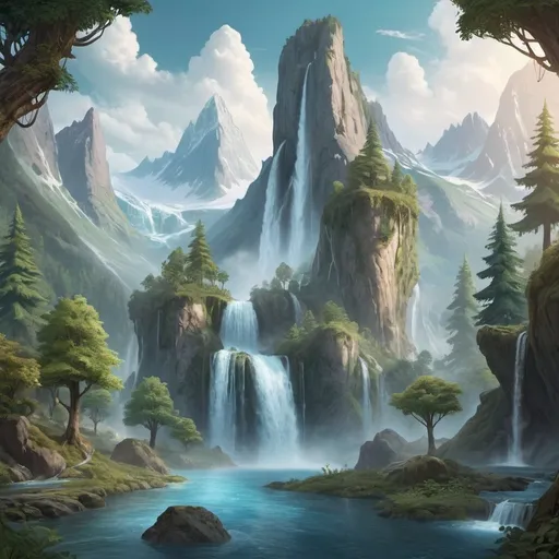 Prompt: Create a majestic fantasy landscape featuring towering mountains, cascading waterfalls, and mystical forests inhabited by mythical creatures