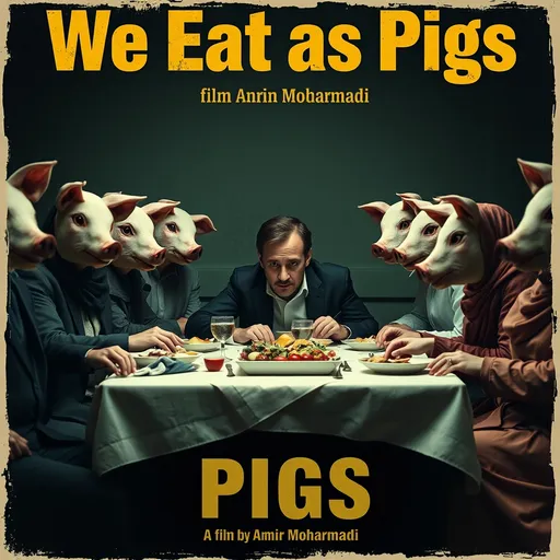 Prompt: a drama thriller movie poster titled "We Eat as Pigs" a film by Amir Mohammadi well dressed attendees men and women with realistic pig masks sitting by a feasting table looking at the camera with a man sitting in the center looking down bruised and beaten