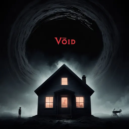 Prompt: A movie poster that says "The Void" above the image of A small house trapped in a Black void. Underneath the pig are the words, "Confront the Darkness”